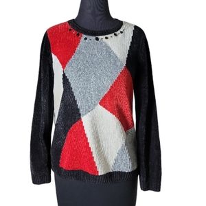 Alfred Dunner small petite red black gray colorblock knit argyle sweater
